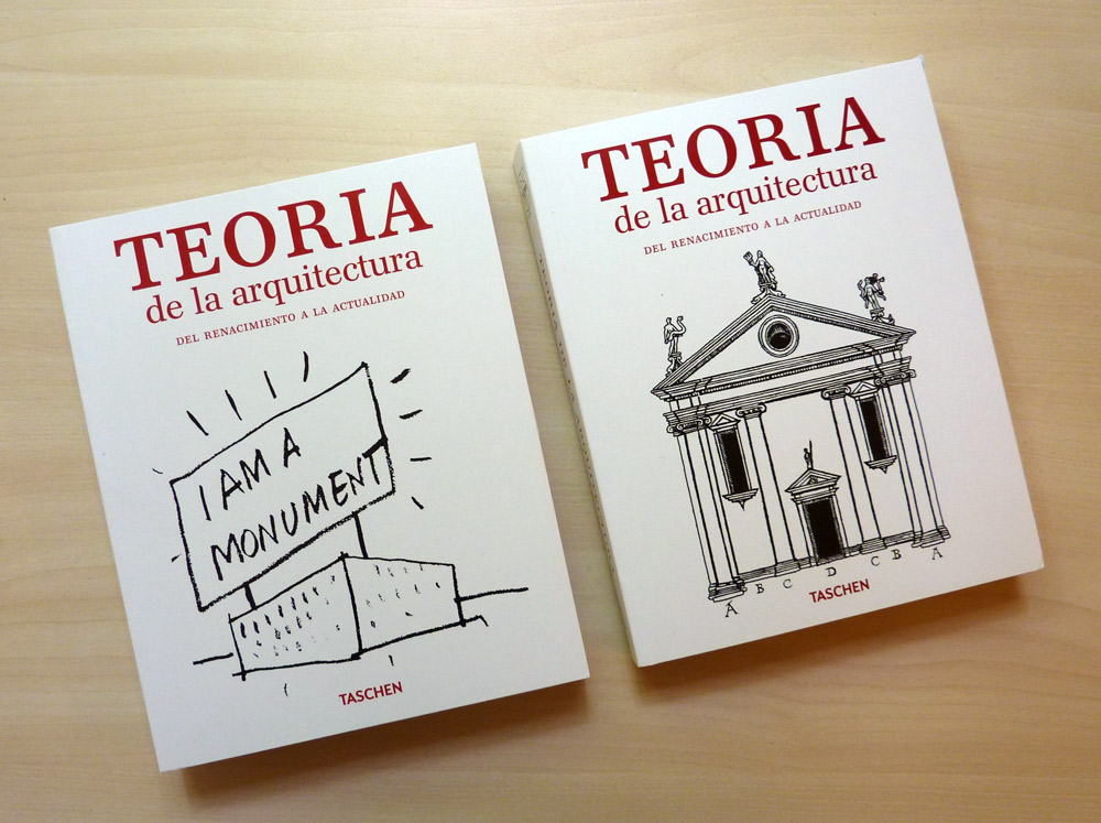 El libro de la izquierda muestra un boceto arquitectónico minimalista y el de la derecha la ilustración de la fachada de un templo clásico."