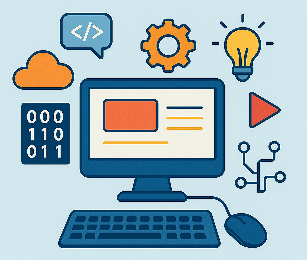 La imagen muestra una computadora rodeada de símbolos que representan lo básico de la informática:

Nube: guardar información en internet.

Códigos 0 y 1: el lenguaje de las computadoras.

Símbolo de código: la programación.

Engranaje: cómo funcionan los sistemas.

Bombilla: ideas e innovación.

Red y conexión: comunicación entre computadoras.

En resumen, la imagen explica que la informática trata sobre computadoras, programas, datos, ideas y redes.